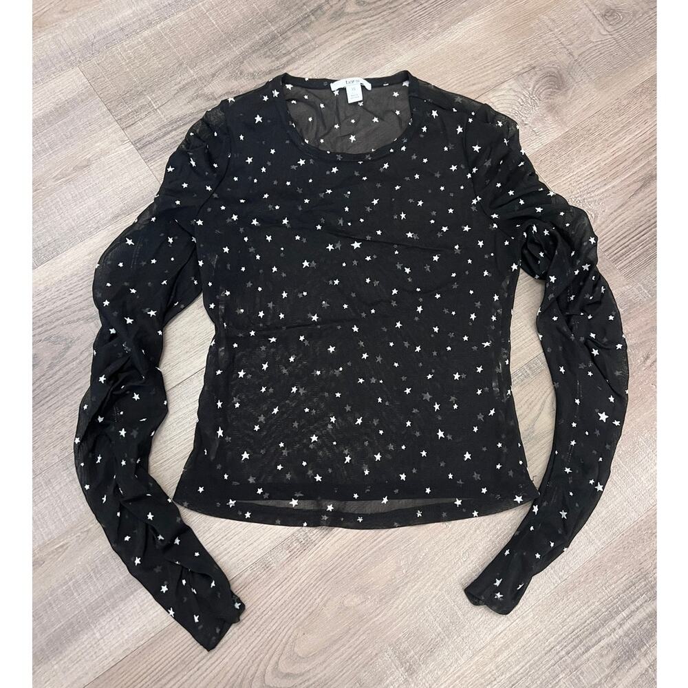 Bar III Sheer Allover Star Print Ruched Long Sleeve Top